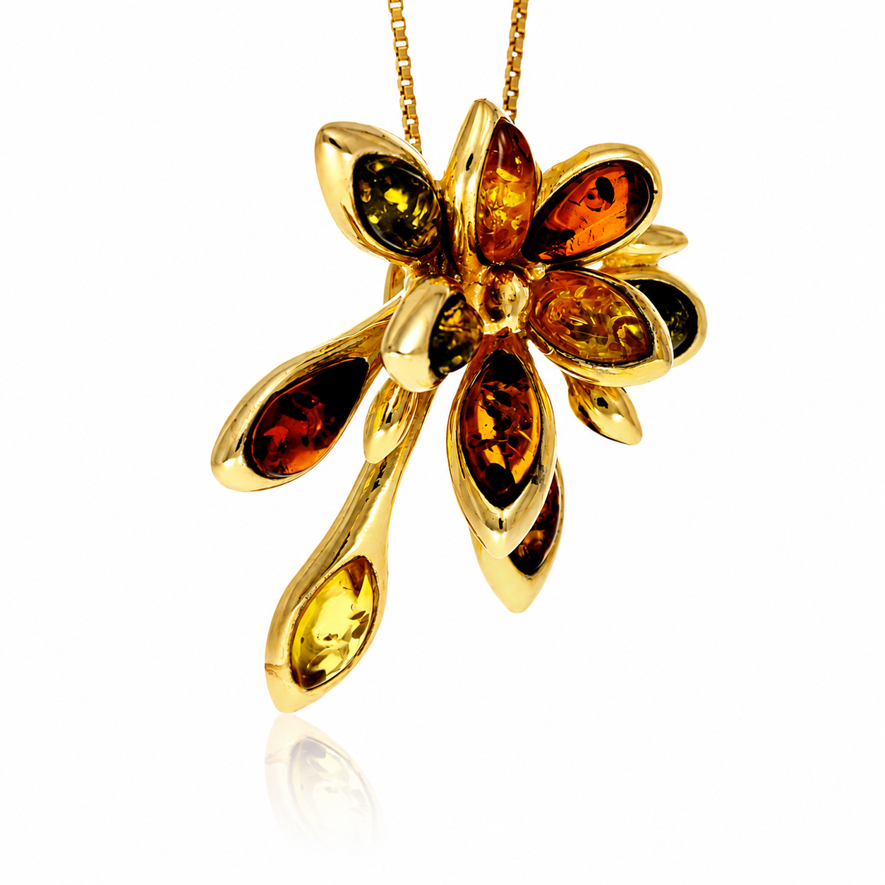 Gold-Plated Over 925 Sterling Silver & Genuine Baltic Amber Large Multi Stone Exclusive Pendant - G19