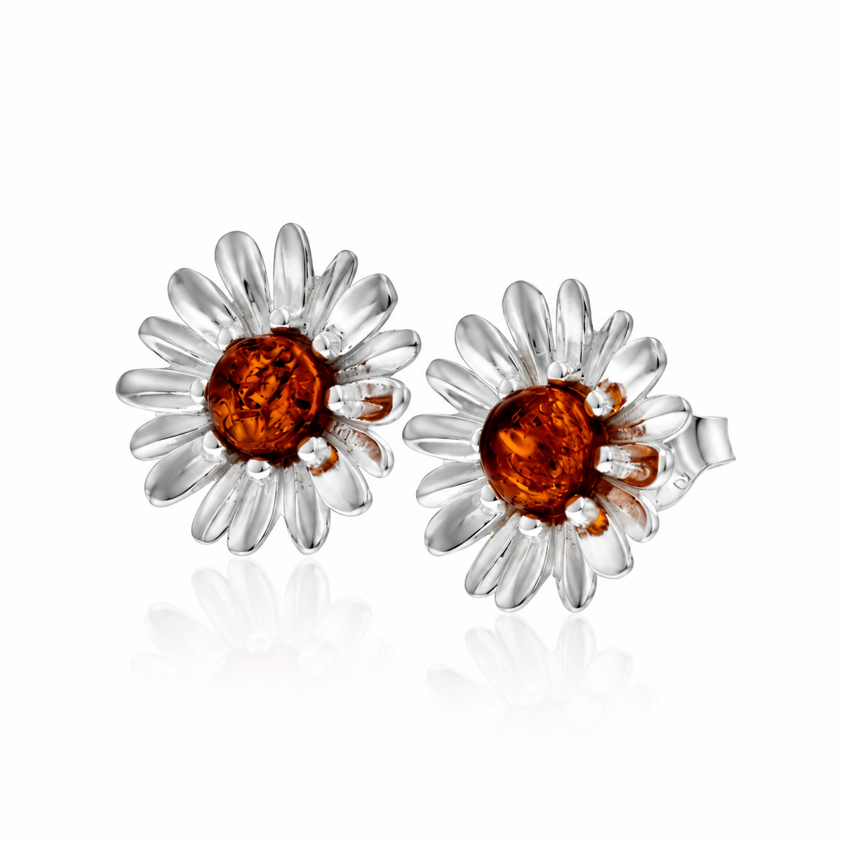 925 Sterling Silver & Genuine Baltic Amber Daisy Studs Earrings - GL1064