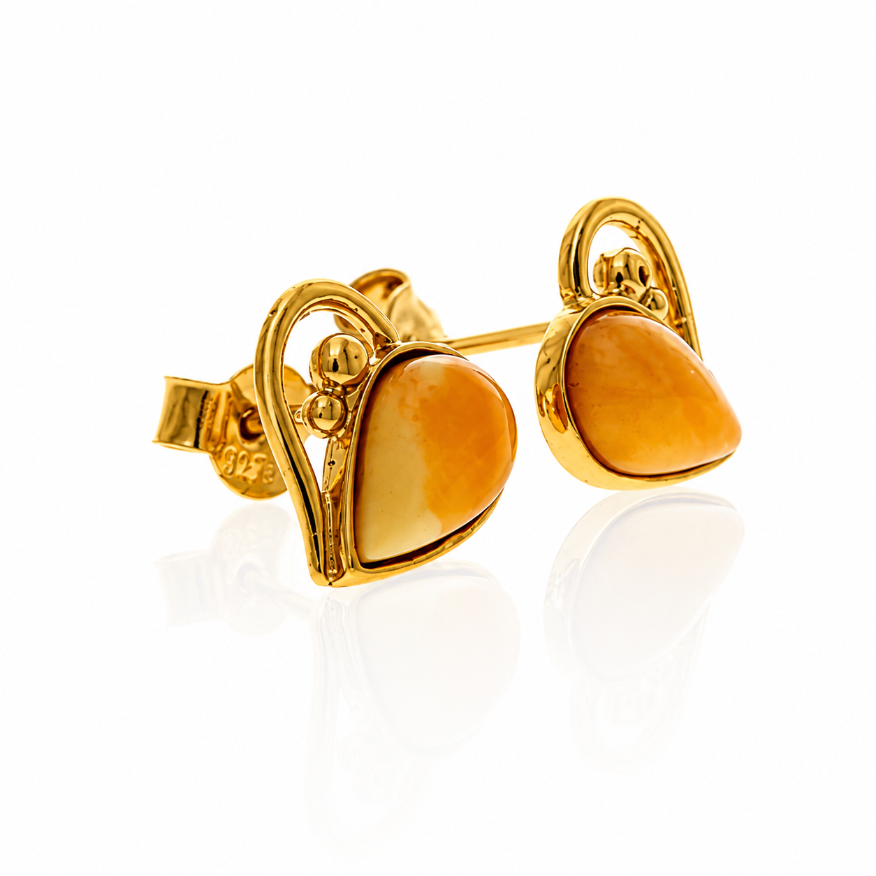 Gold Plated over 925 Sterling Silver & Genuine Baltic Amber Hearts Studs Earrings - M194G