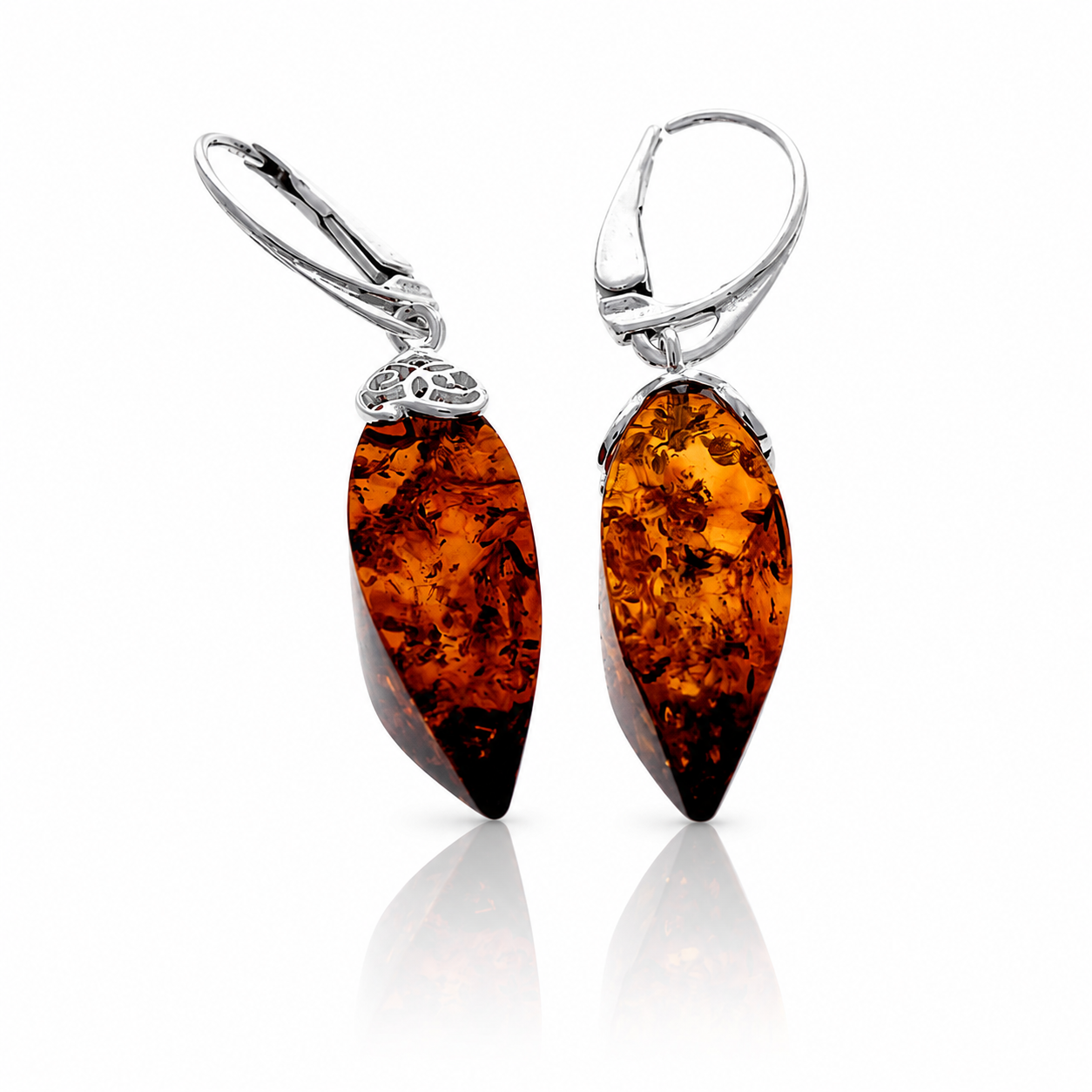 925 Sterling Silver & Genuine Baltic Amber Modern Drop Earrings - 8625