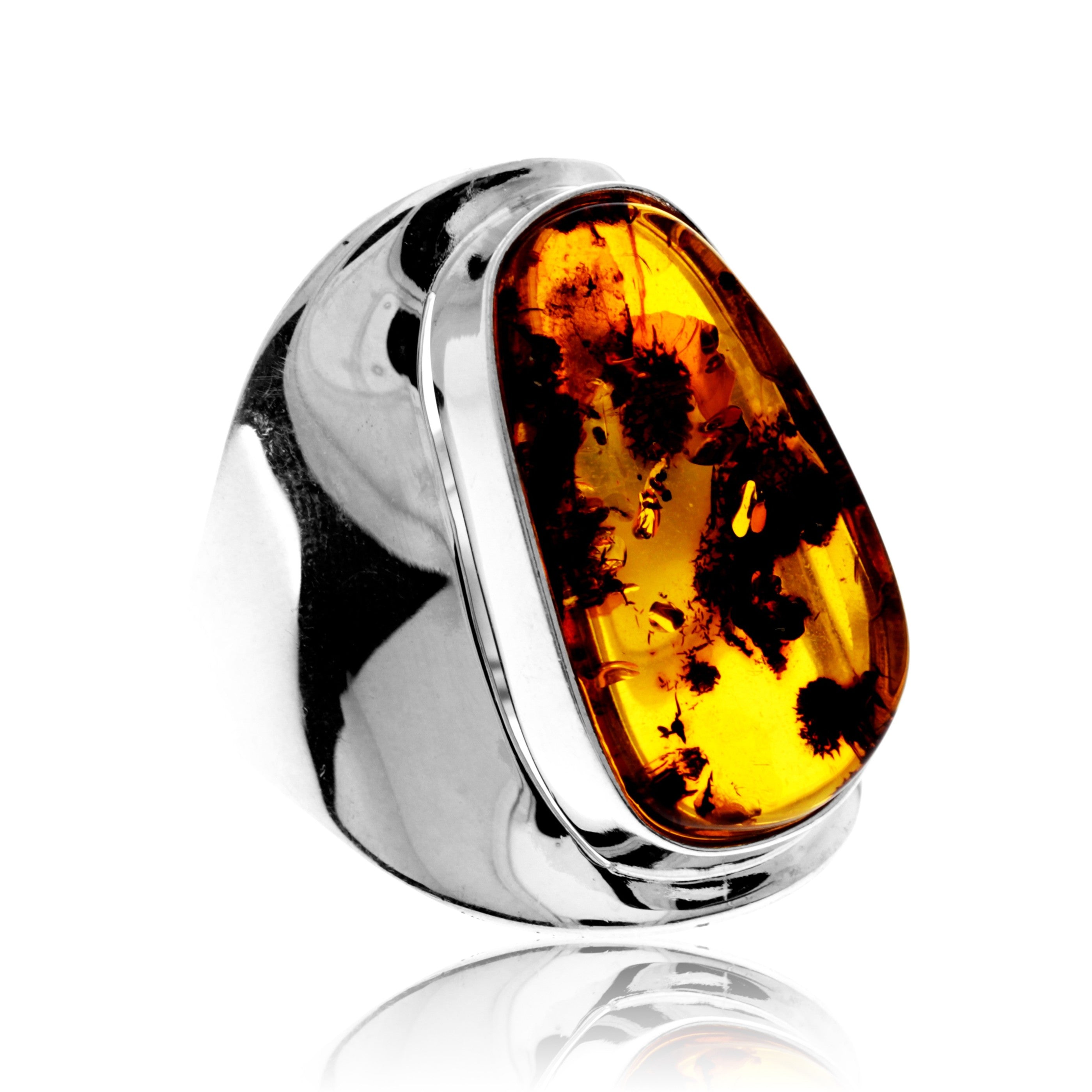 925 Sterling Silver & Genuine Cognac Baltic Amber Unique Exclusive Adjustable Size Ring - RG0814