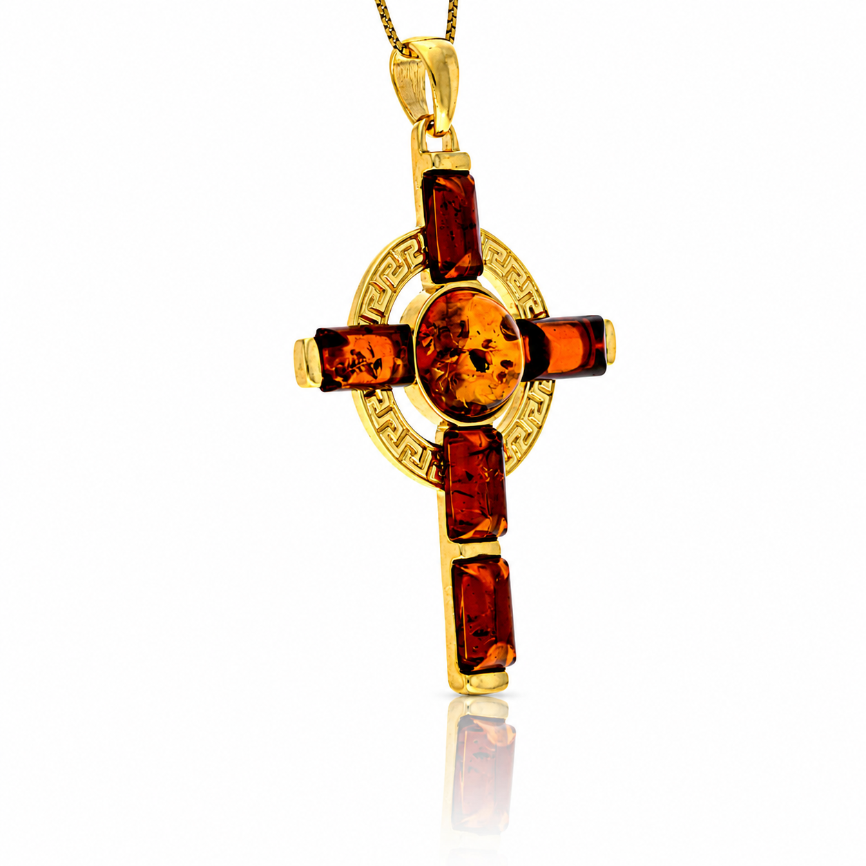 Gold-Plated Over 925 Sterling Silver & Genuine Baltic Amber Large Exclusive Cross Pendant - G22