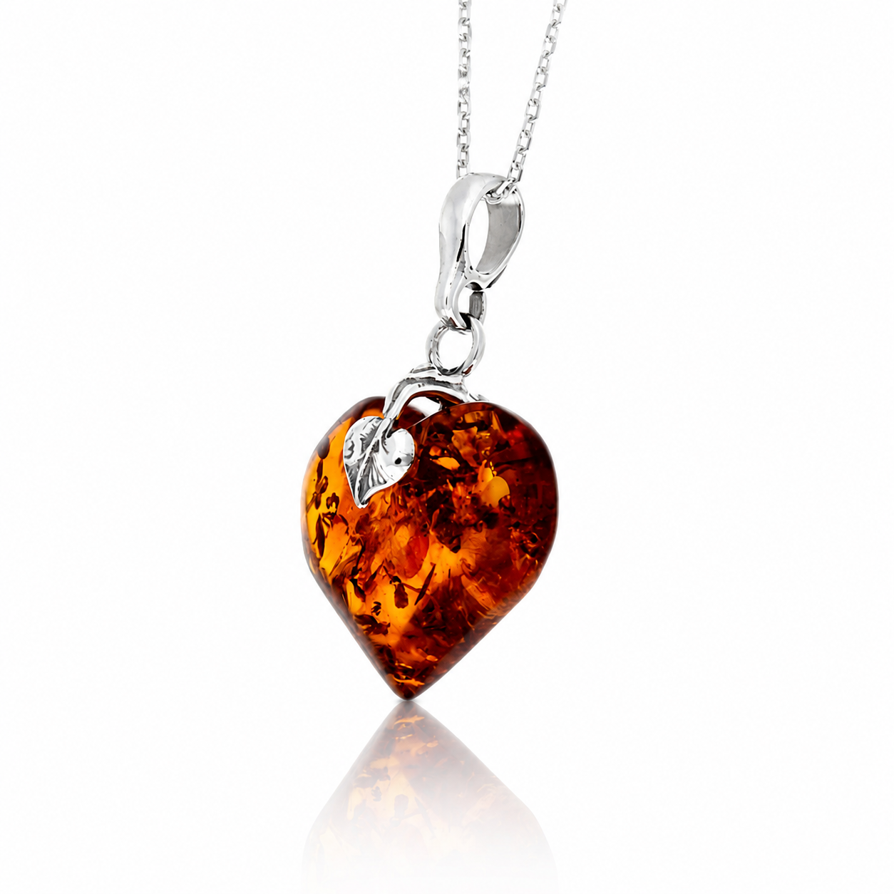 925 Sterling Silver & Genuine Baltic Amber Heart with Silver Leaf Exclusive Pendant - 815