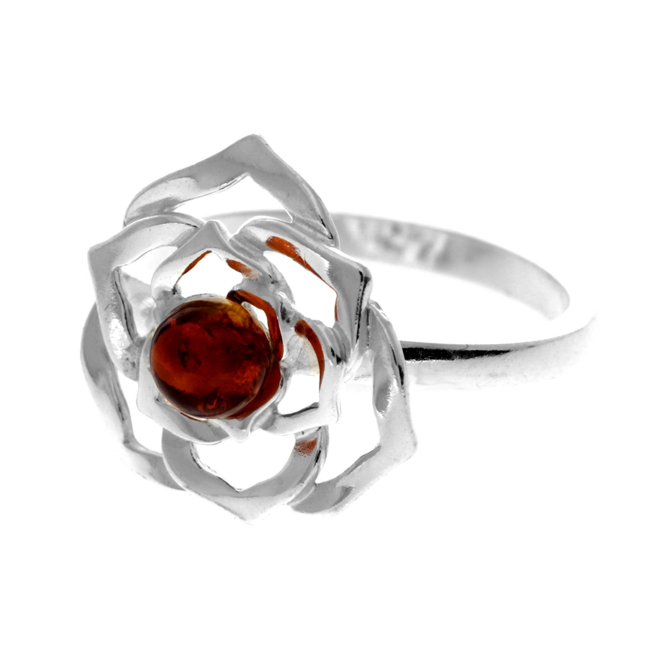 925 Sterling Silver & Genuine Baltic Amber Rose Ring - 7538