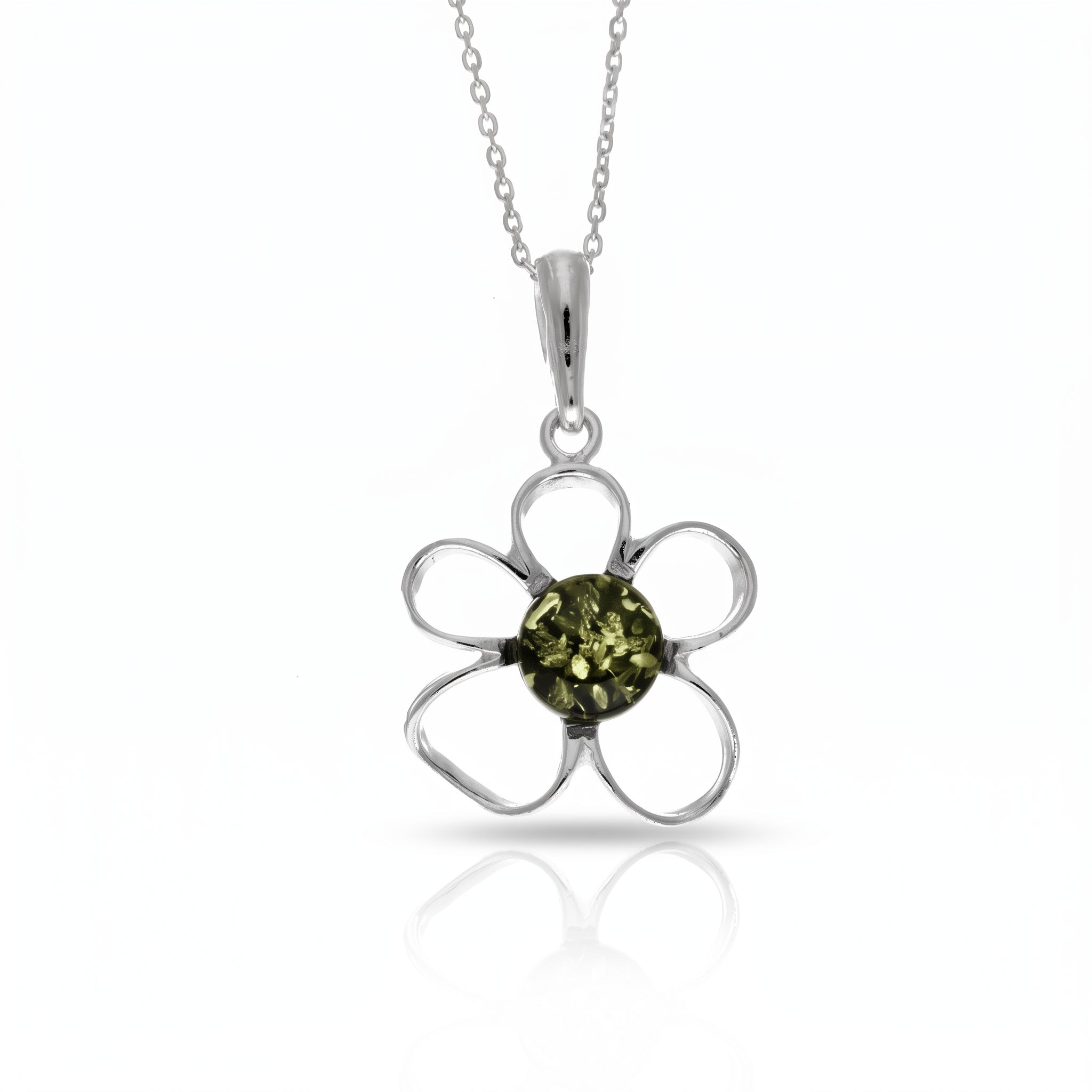 925 Sterling Silver & Genuine Baltic Amber Flower Exclusive Pendant - 766