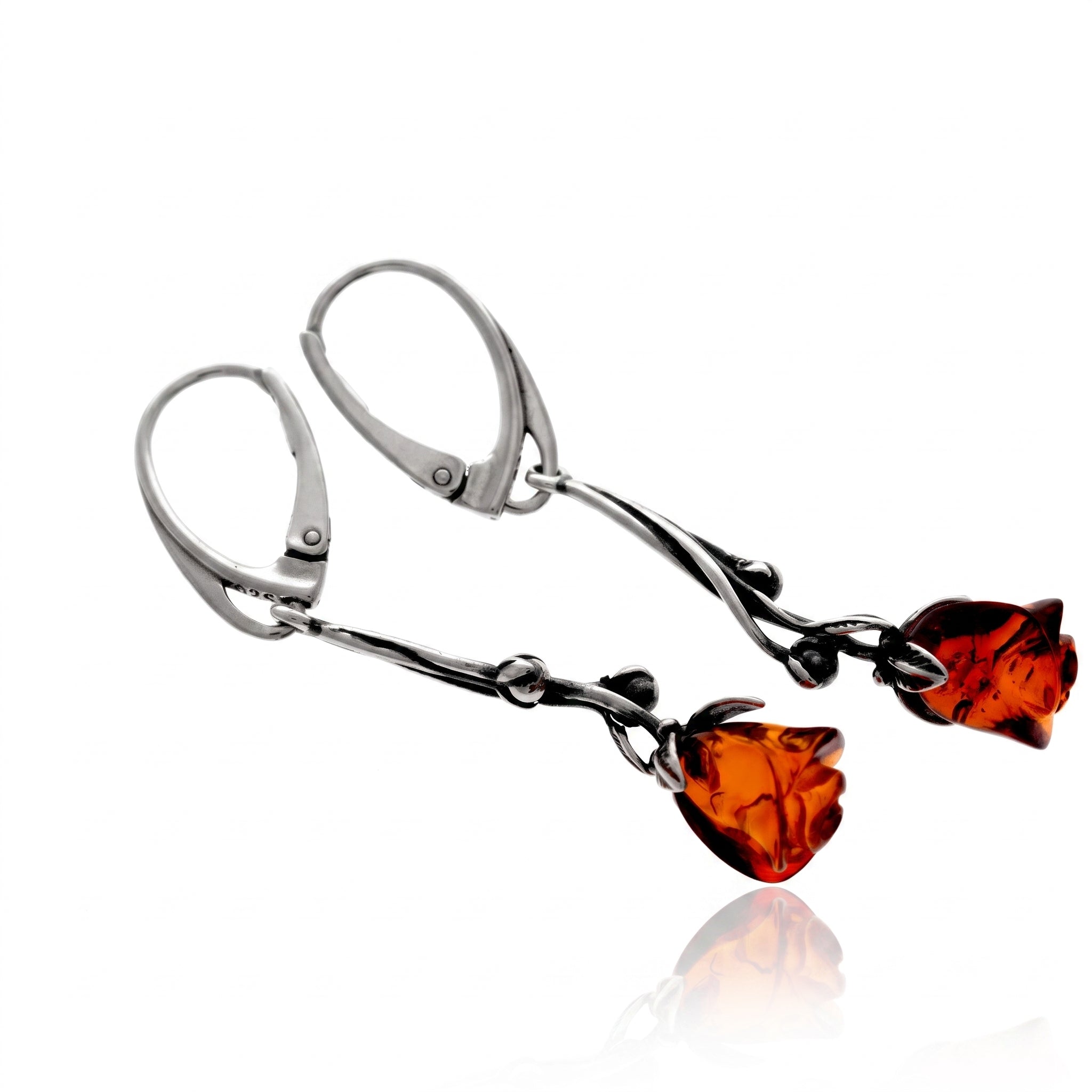 925 Sterling Silver & Genuine Baltic Amber Rose Carved Long Drop Earrings - J011