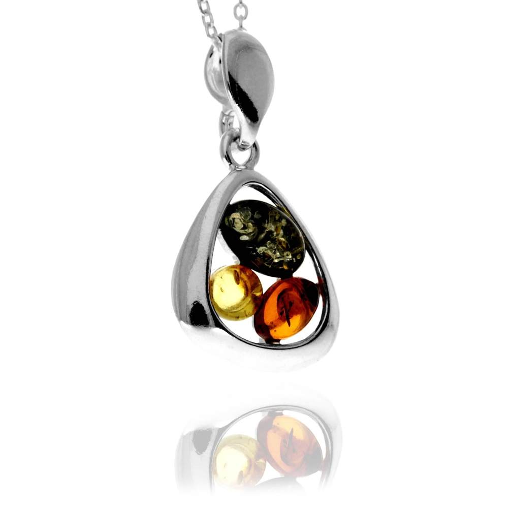 925 Sterling Silver & Genuine Baltic Amber Modern Multi-Stone Pendant - GL2063