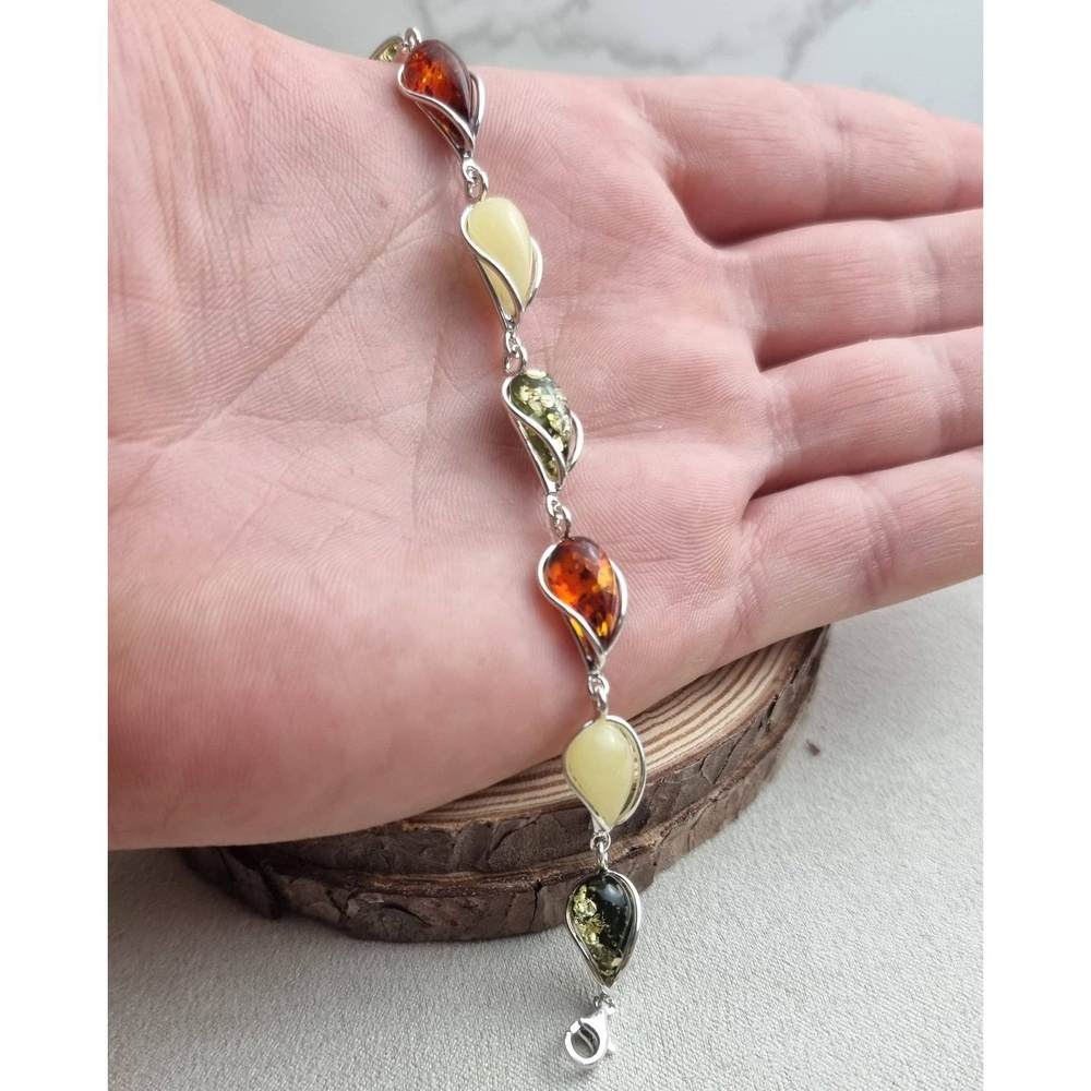 925 Sterling Silver & Genuine Baltic Amber Modern Link Bracelet - G501