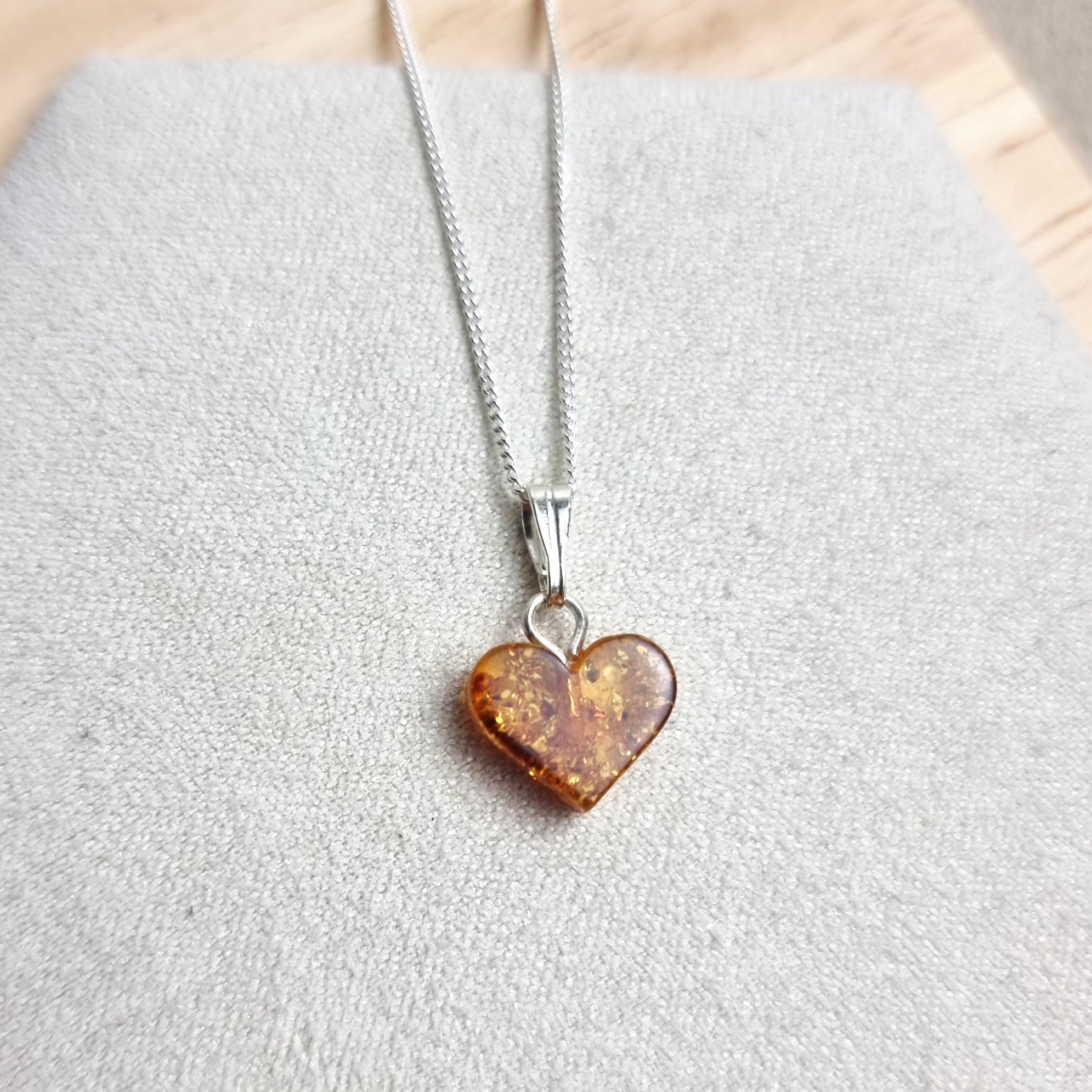Genuine Tiny Baltic Amber Carved Heart Shape Pendant on a Delicate 925 Sterling Silver Curbs Chain Necklace