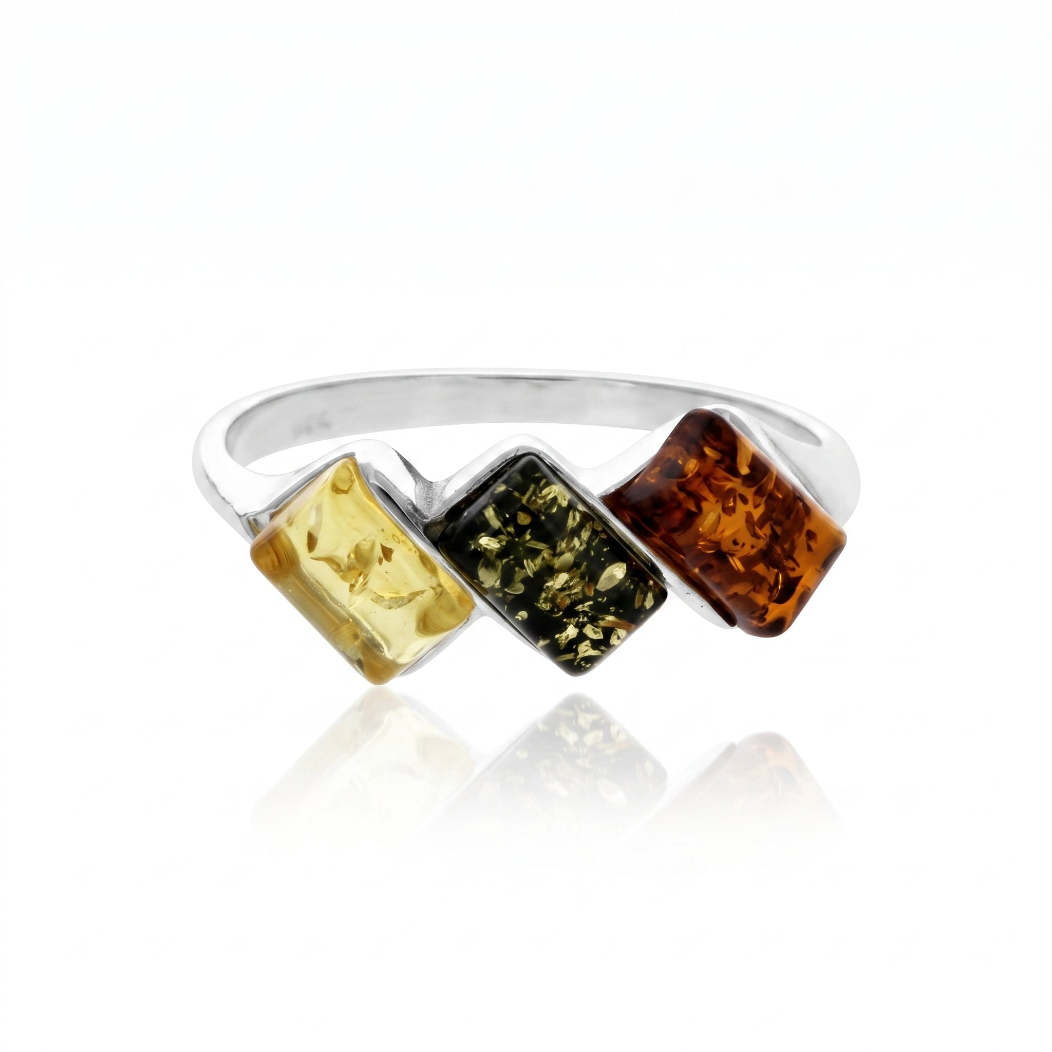 925 Sterling Silver & Genuine Baltic Amber Multistone Rectangular Ring - 7182