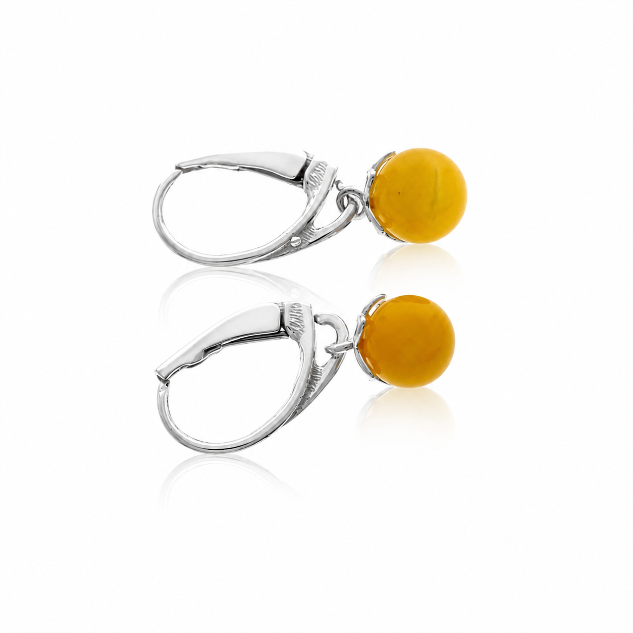 925 Sterling Silver & Genuine Baltic Amber Drop Balls Earrings - 8631