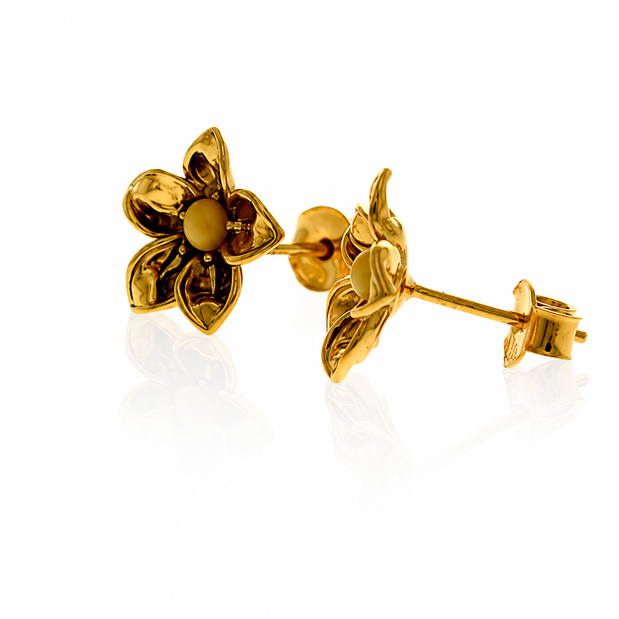 Gold Plated over 925 Sterling Silver & Genuine Baltic Amber Flowers Studs Earrings - AEG32