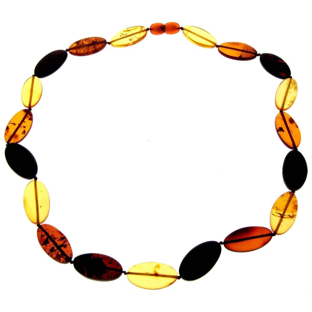 Genuine Mixed Baltic Amber Flat Oval Olive Beads Luxurious Necklace - NE0172