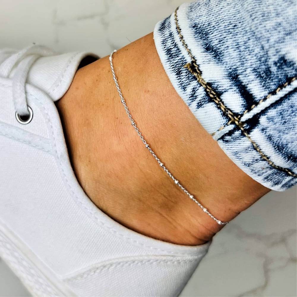 925 Sterling Silver Anti-Tarnish Plated Plain Anklet Bracelet Silver Beads with extender - GA-ANK1
