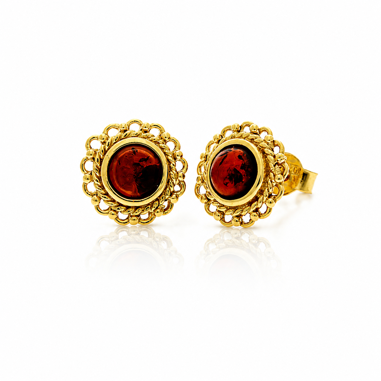 Gold Plated over 925 Sterling Silver & Genuine Baltic Amber Classic Light Studs Earrings - GAE01