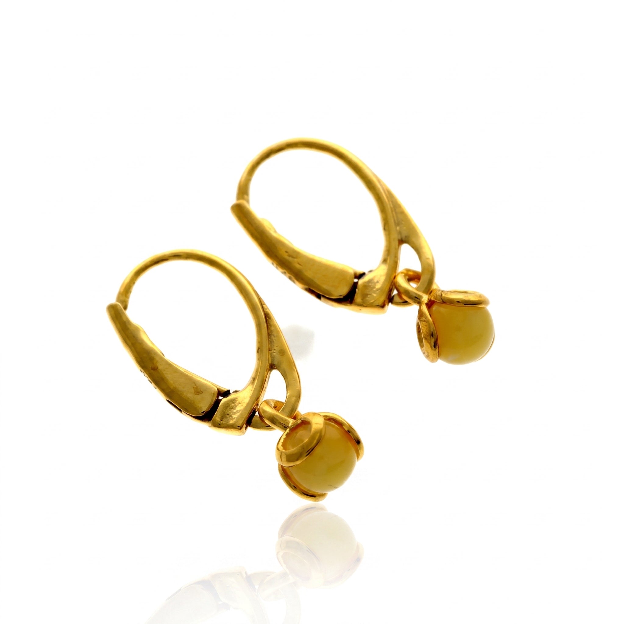 Gold Plated over 925 Sterling Silver & Genuine Baltic Amber Ball Light Drop Earrings - 8546GL