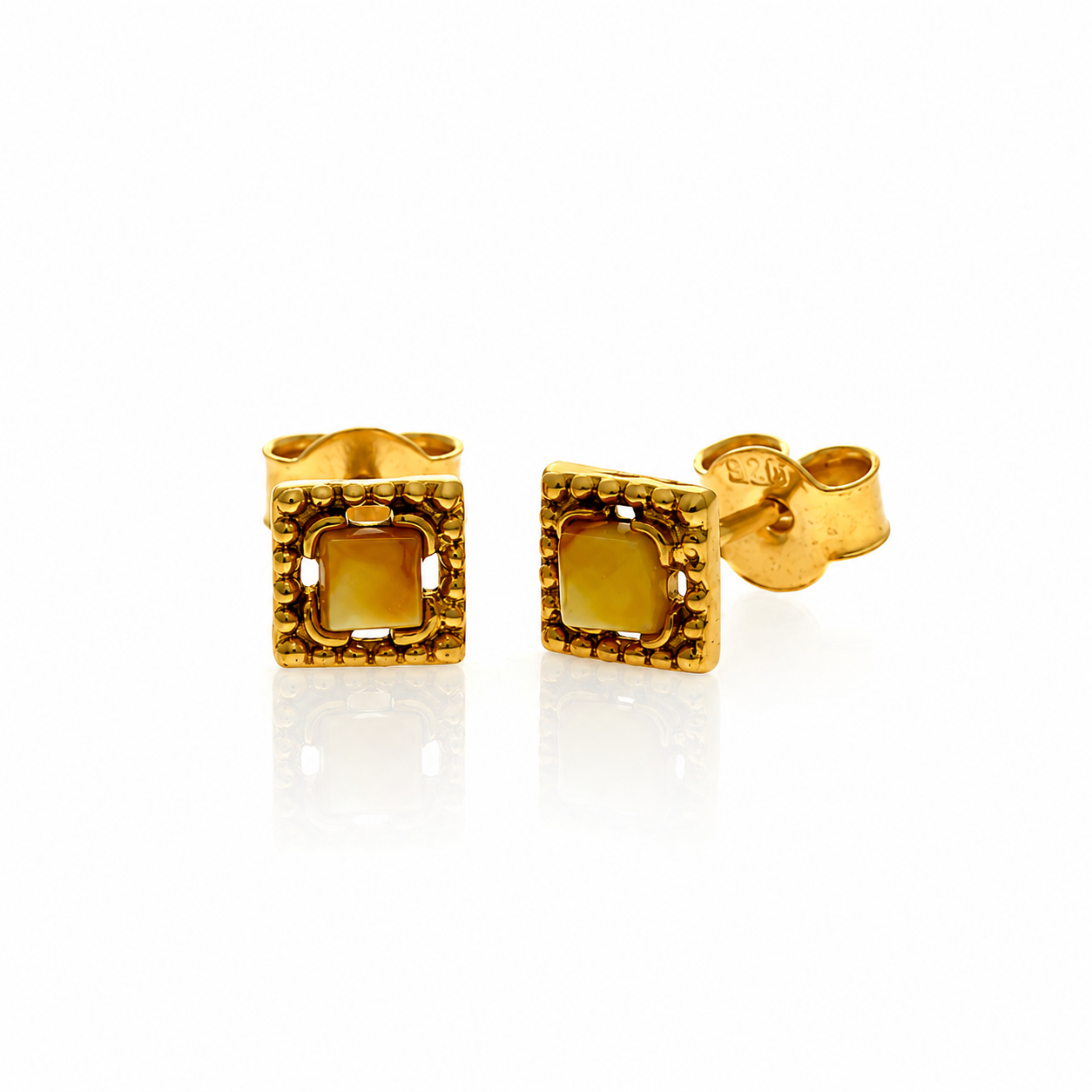 Gold Plated over 925 Sterling Silver & Genuine Baltic Amber Contemporary Square Small Studs Earrings - AEG24
