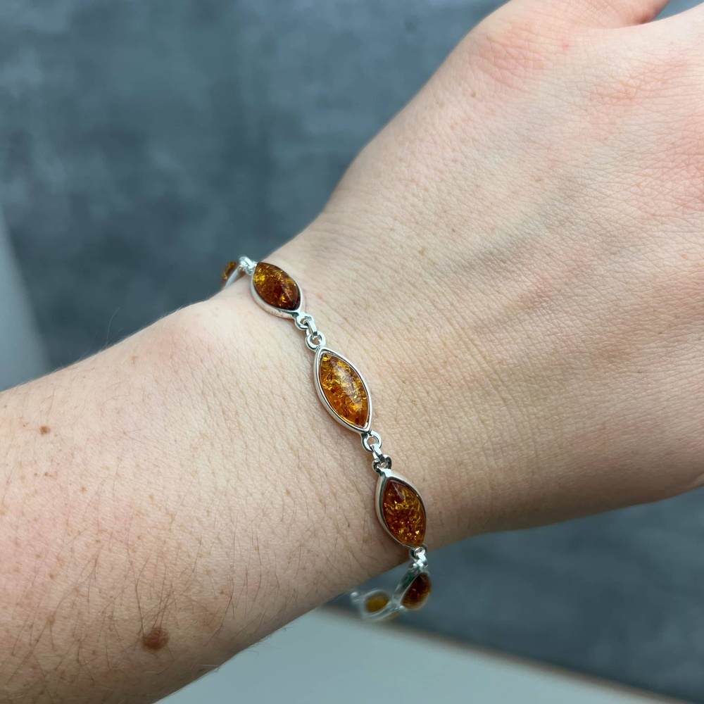 925 Sterling Silver & Genuine Baltic Amber Bracelet 19 cm + 5 cm - 3345