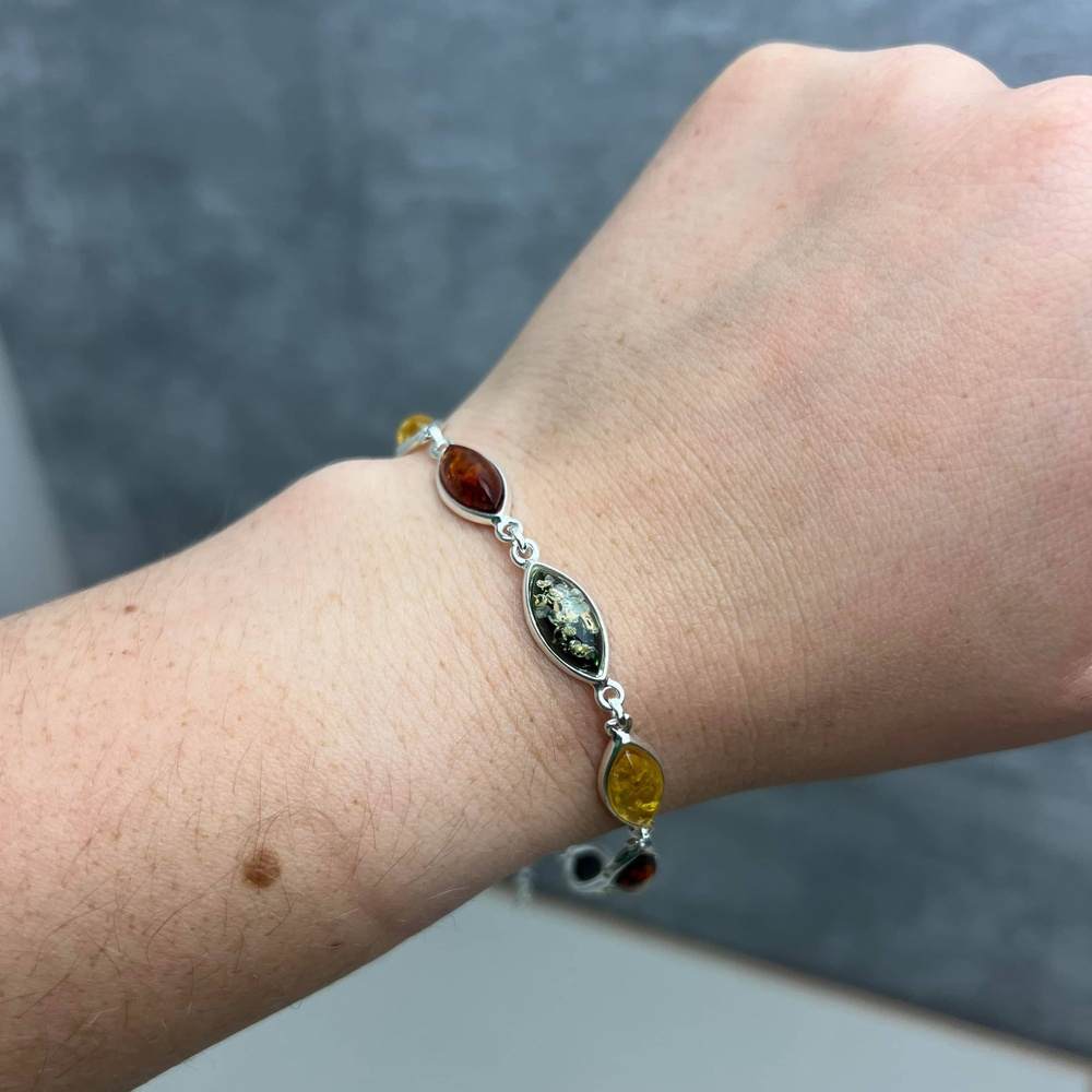 925 Sterling Silver & Genuine Baltic Amber Bracelet 19 cm + 5 cm - 3345