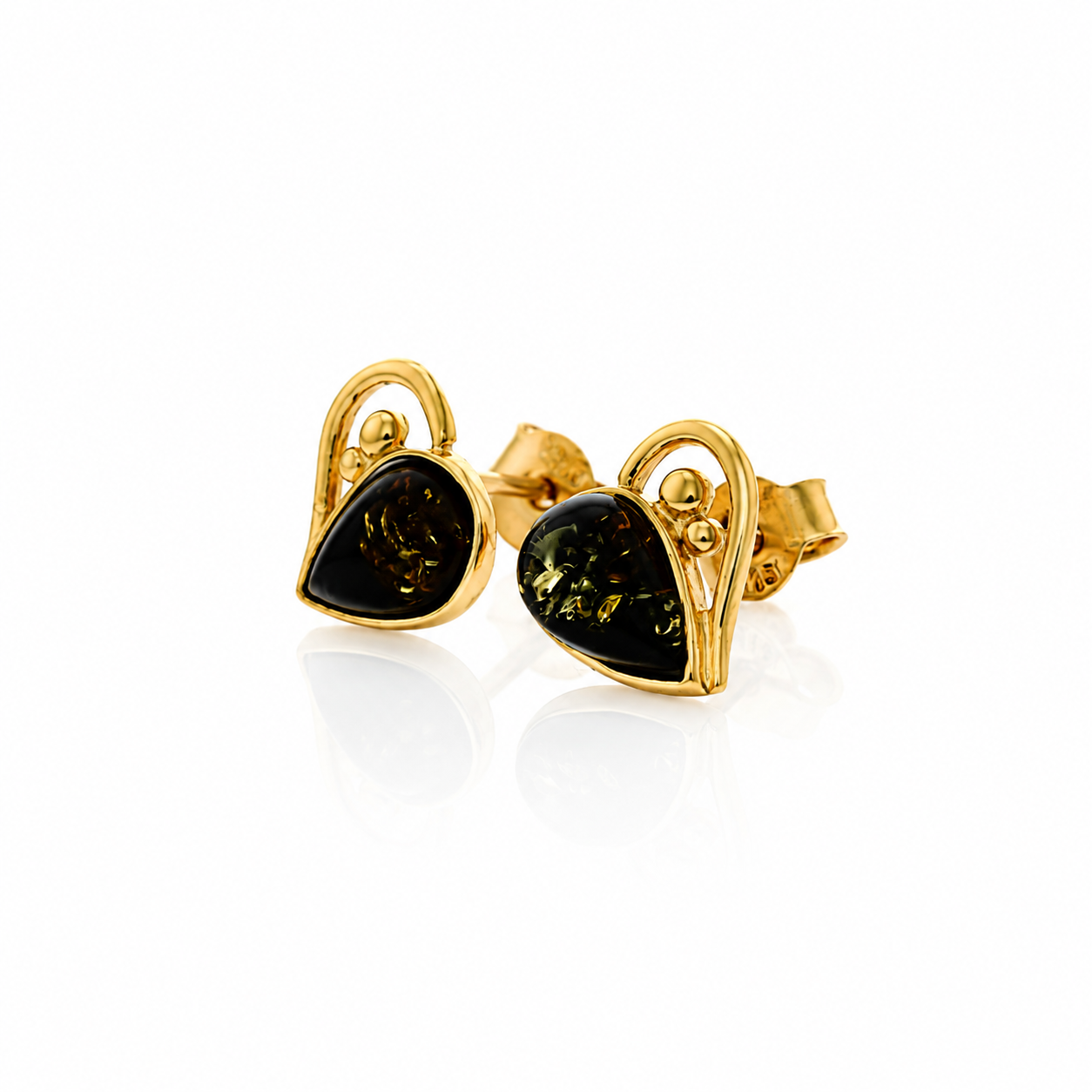 Gold Plated over 925 Sterling Silver & Genuine Baltic Amber Hearts Studs Earrings - M194G