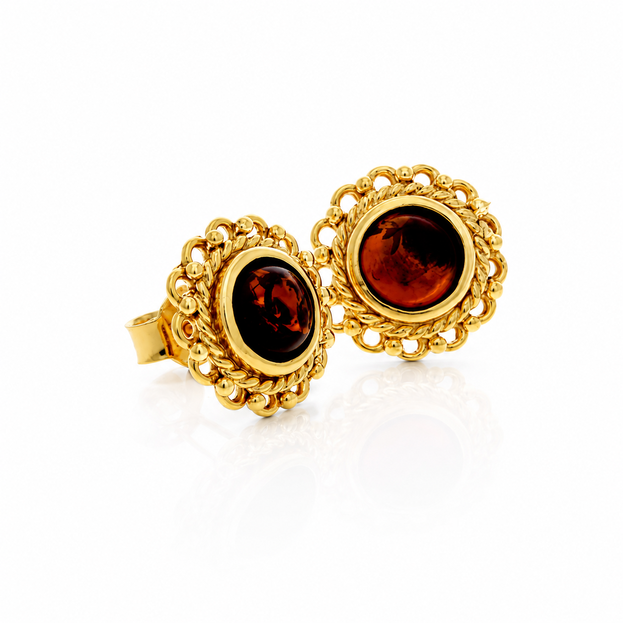 Gold Plated over 925 Sterling Silver & Genuine Baltic Amber Classic Light Studs Earrings - GAE01