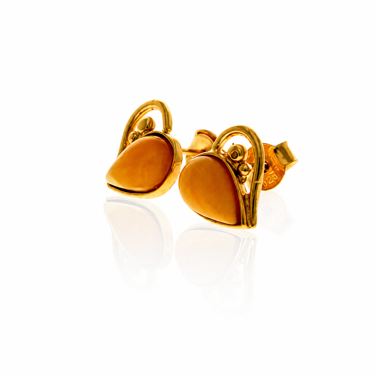 Gold Plated over 925 Sterling Silver & Genuine Baltic Amber Hearts Studs Earrings - M194G
