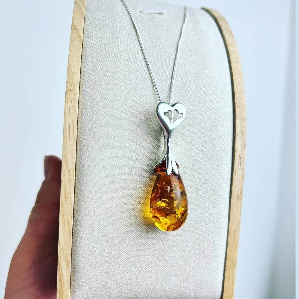 925 Sterling Silver & Genuine Cognac Baltic Amber Exlusive Unique Pendant - PD0684