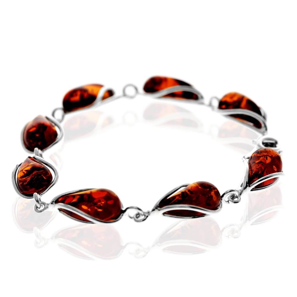 925 Sterling Silver Genuine Baltic Amber Modern Link Bracelet
