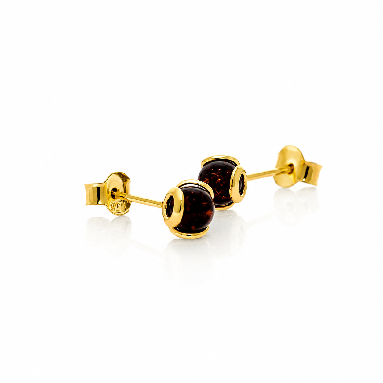Gold Plated over 925 Sterling Silver & Genuine Baltic Amber Ball Studs Earrings - 5966G