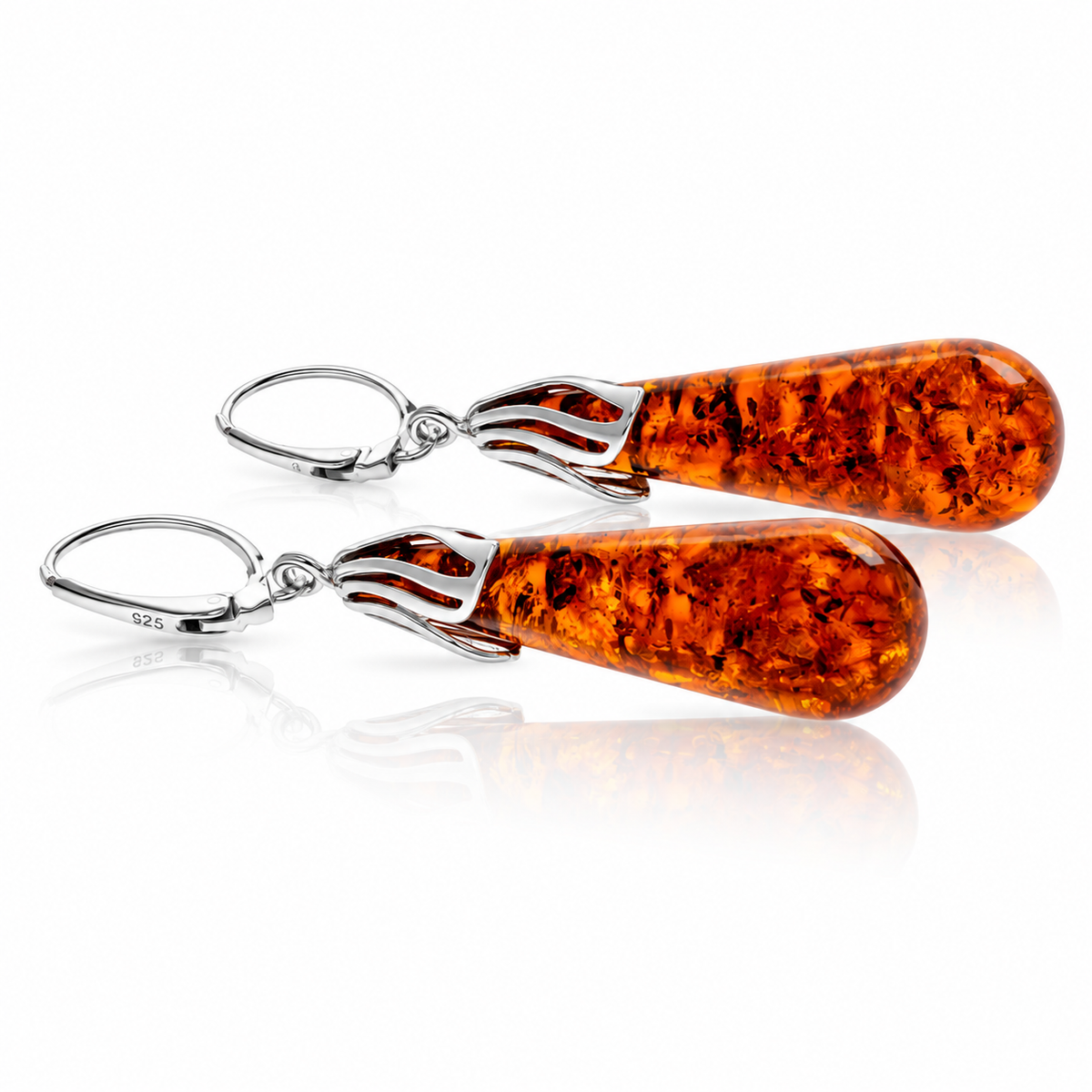 925 Sterling Silver & Genuine Baltic Amber Pressed Amber Exclusive Teardrop Earrings - 8593C