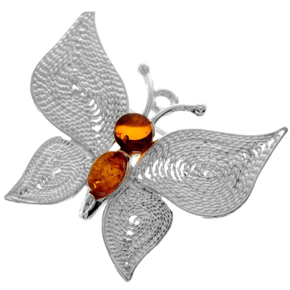 925 Sterling Silver & Genuine Baltic Amber Butterfly Brooch - 4012