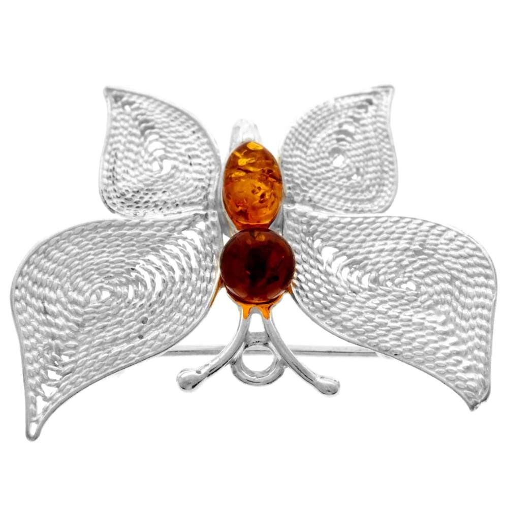 925 Sterling Silver & Genuine Baltic Amber Butterfly Brooch - 4012