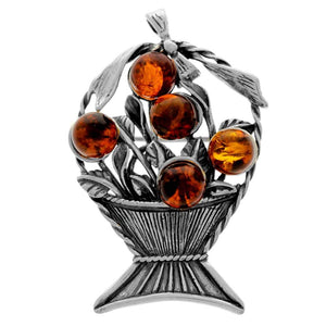 925 Sterling Silver & Genuine Baltic Amber Basket of Flowers Brooch - 4019