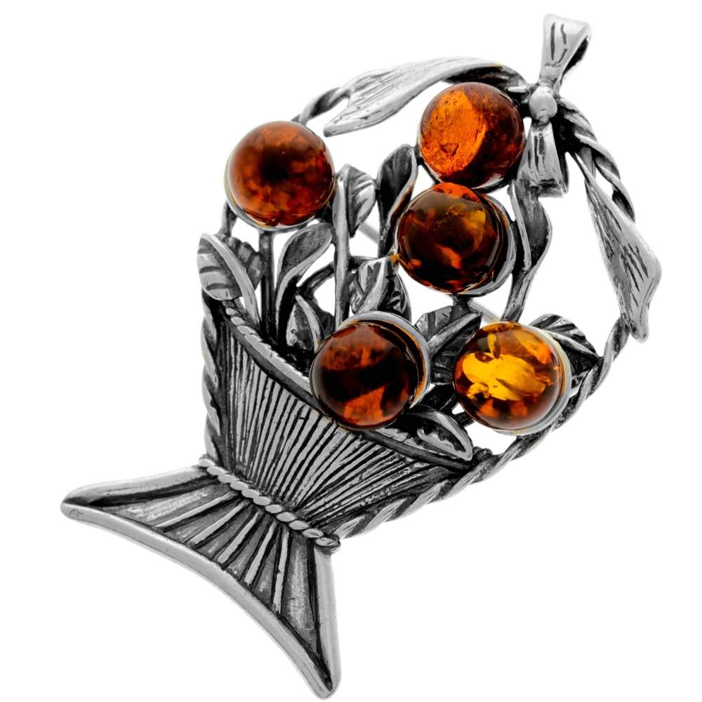 925 Sterling Silver & Genuine Baltic Amber Basket of Flowers Brooch - 4019