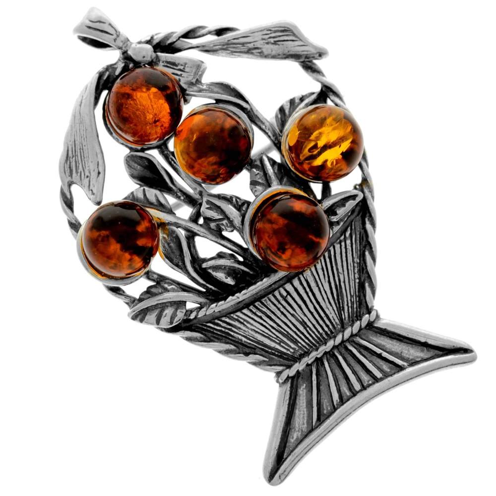 925 Sterling Silver & Genuine Baltic Amber Basket of Flowers Brooch - 4019