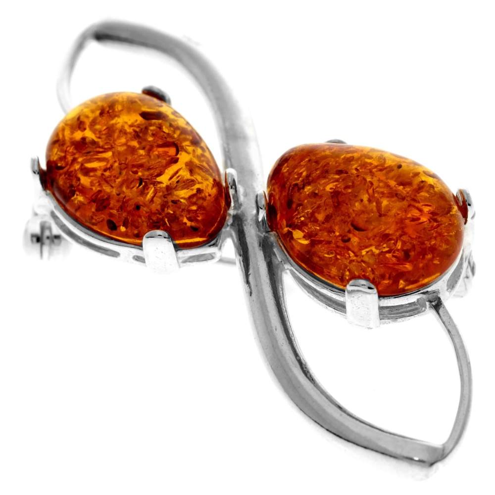 925 Sterling Silver & Genuine Baltic Amber 2 Stone Modern Brooch - 4067