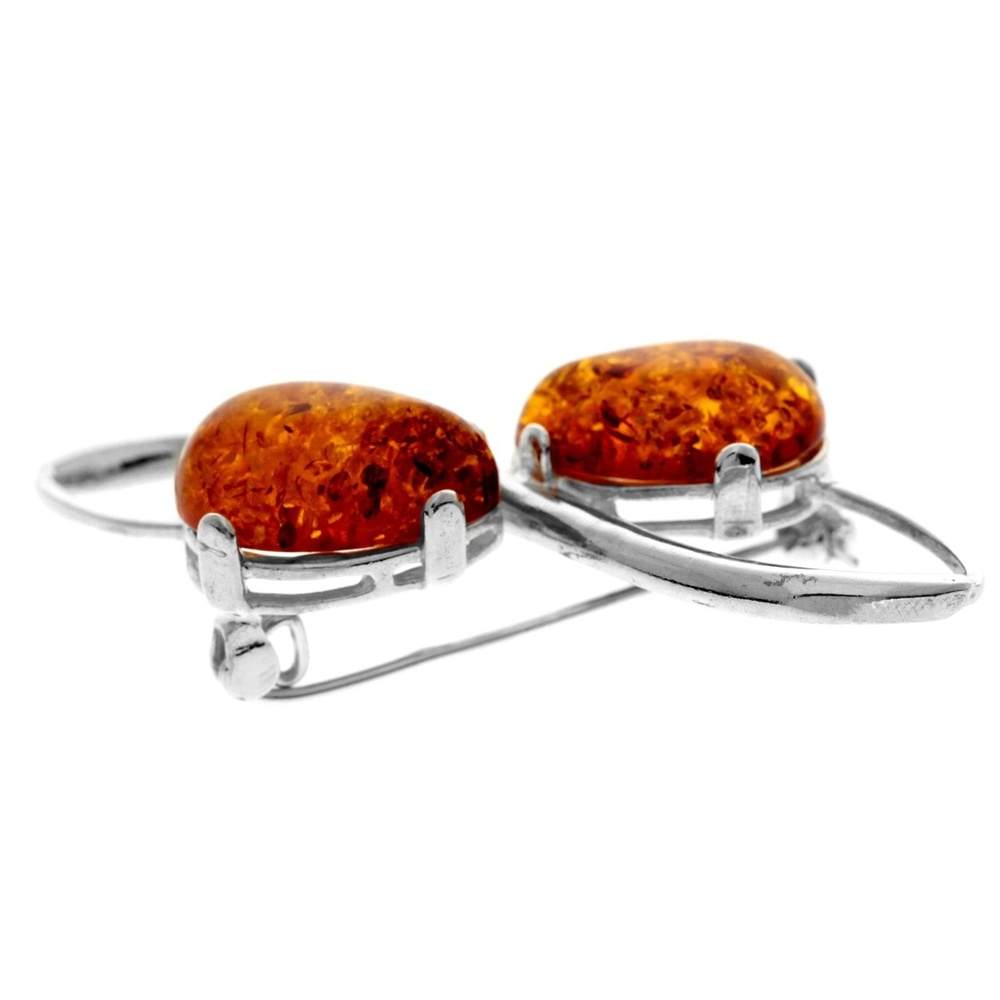 925 Sterling Silver & Genuine Baltic Amber 2 Stone Modern Brooch - 4067