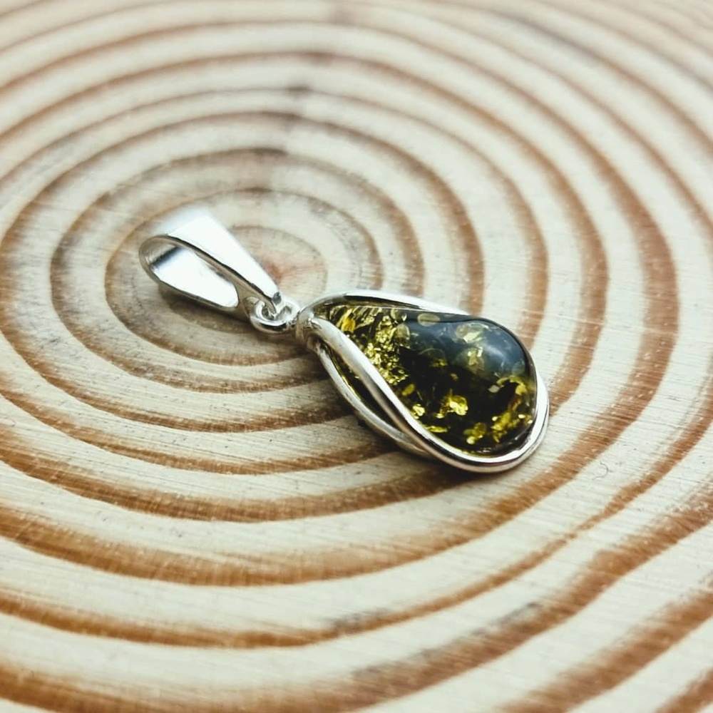 925 Sterling Silver & Genuine Baltic Amber Modern Teardrop Pendant - G235