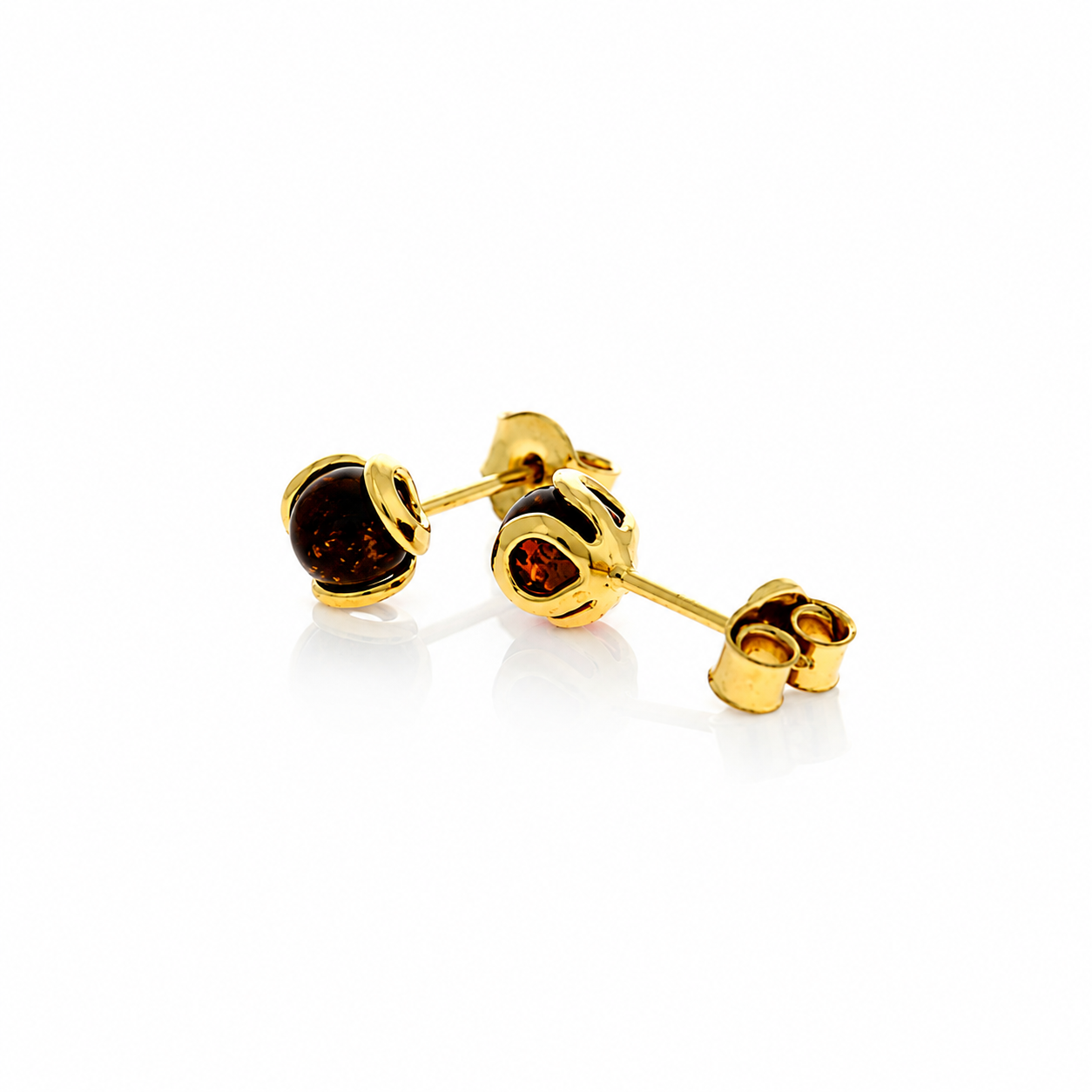 Gold Plated over 925 Sterling Silver & Genuine Baltic Amber Ball Studs Earrings - 5966G