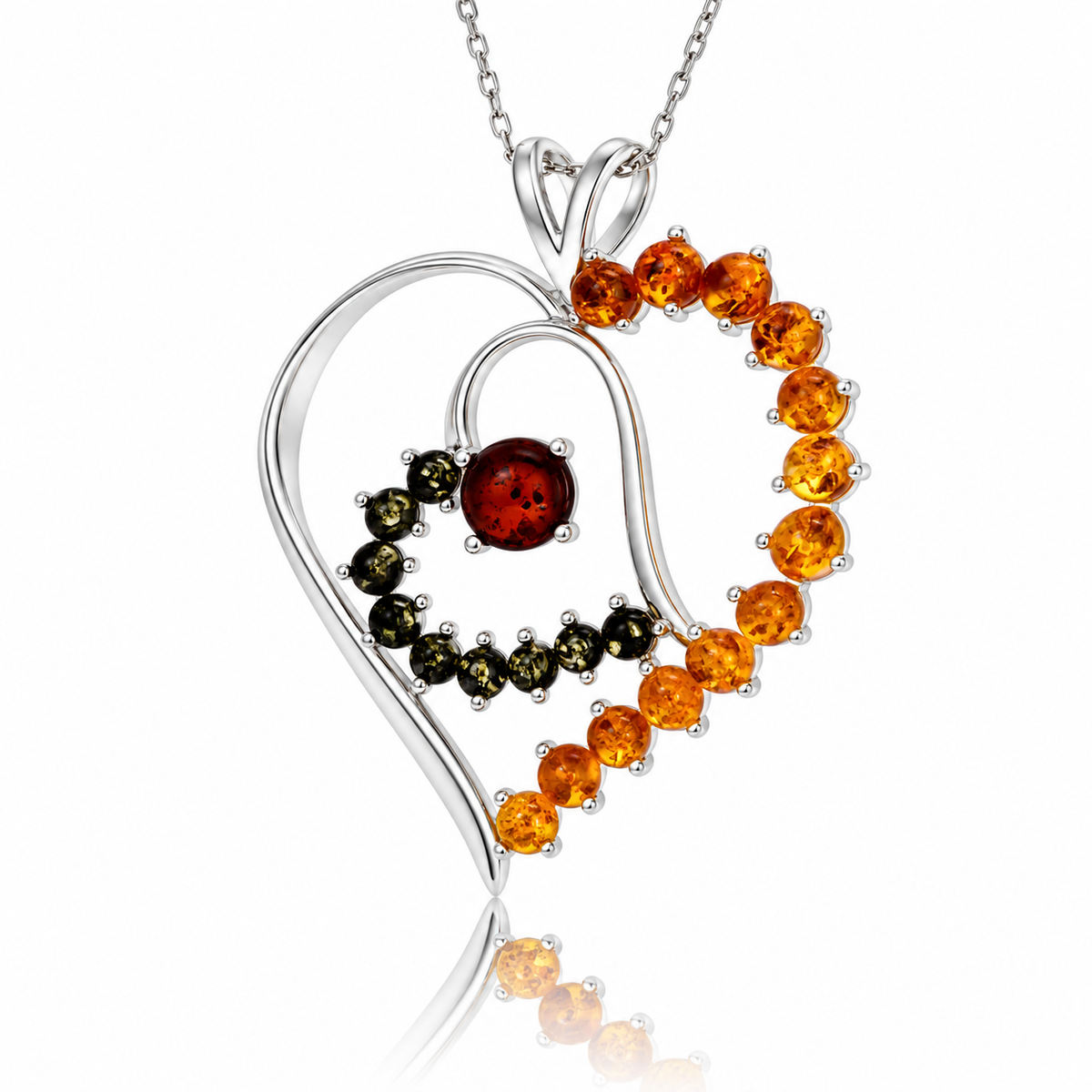 925 Sterling Silver & Genuine Baltic Amber Large Heart Pendant - AP28