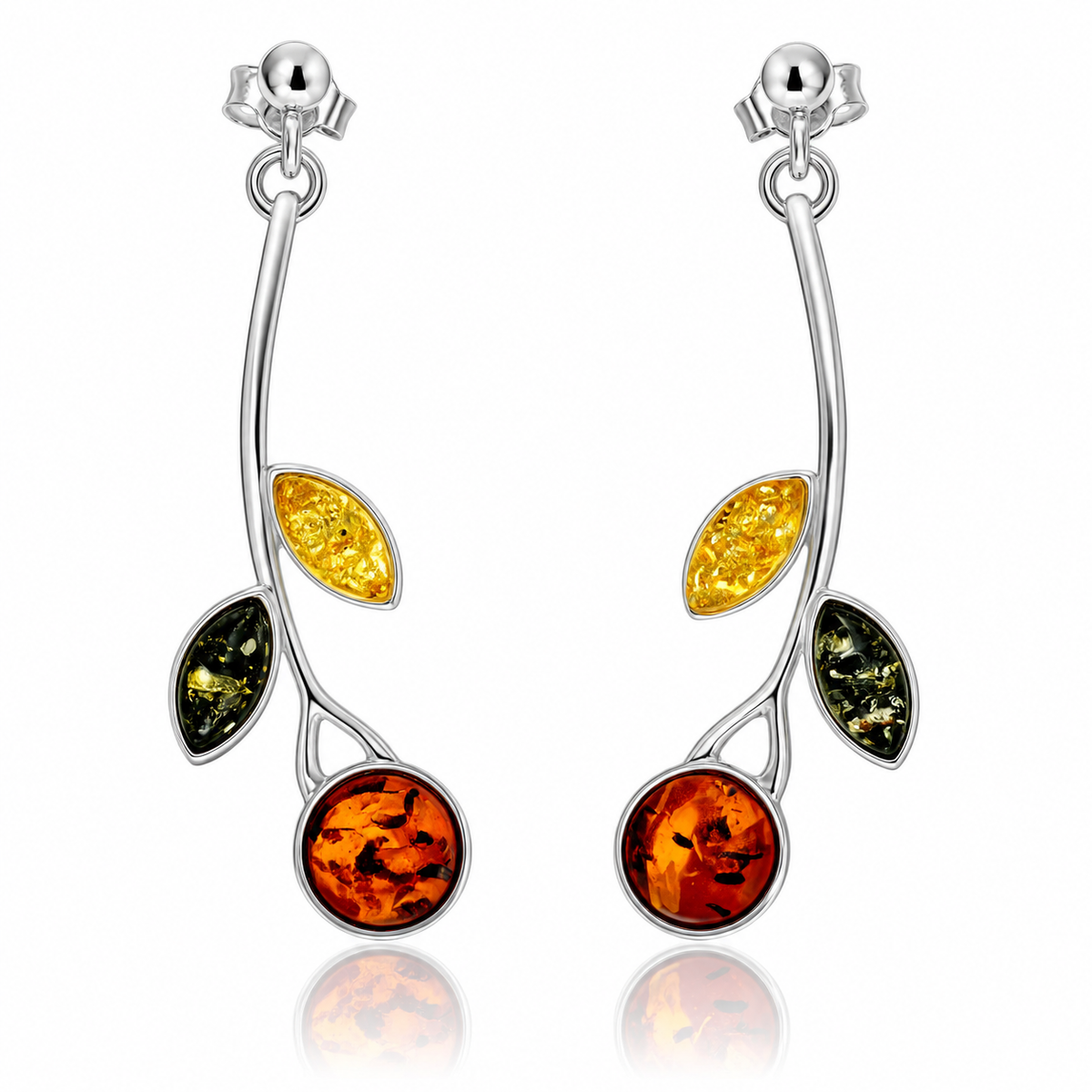 925 Sterling Silver & Genuine Baltic Amber Amber Leaf Drop Earrings - 5327