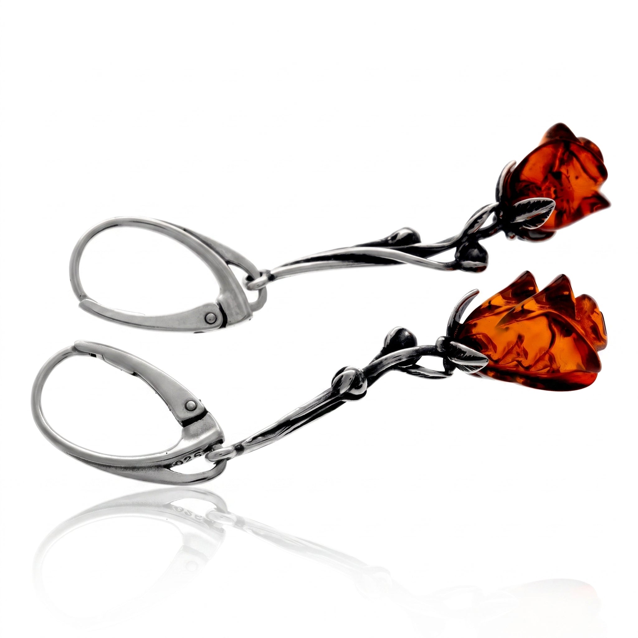 925 Sterling Silver & Genuine Baltic Amber Rose Carved Long Drop Earrings - J011