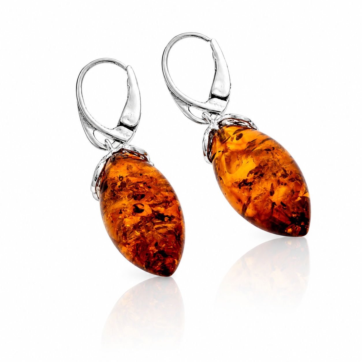 925 Sterling Silver & Genuine Baltic Amber Modern Drop Earrings - 8622B