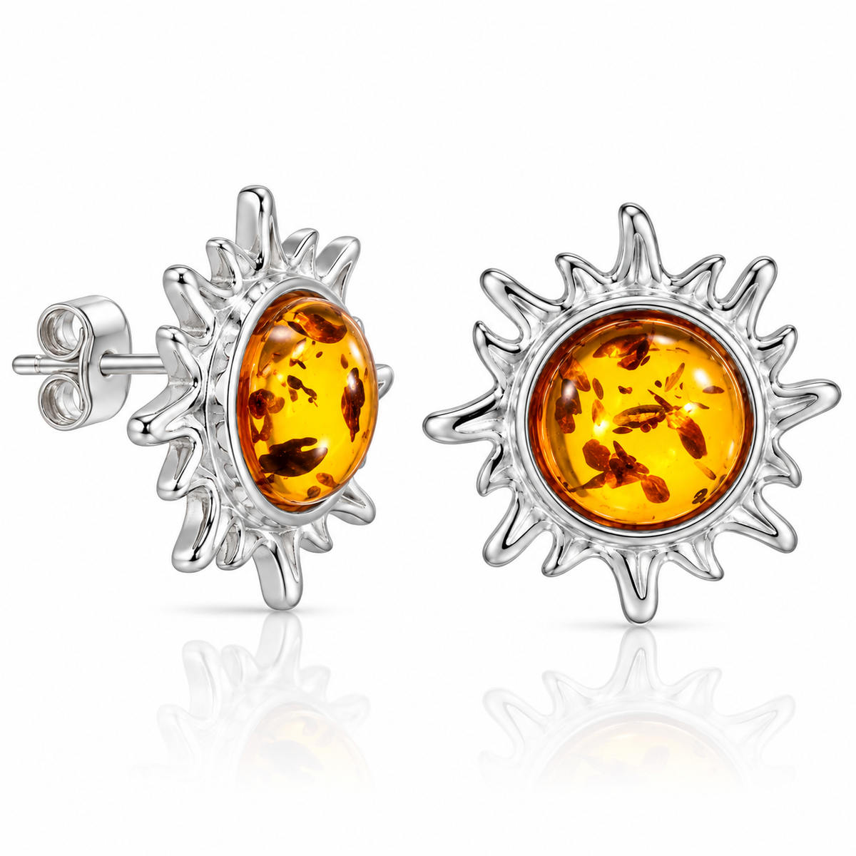925 Sterling Silver & Genuine Baltic Amber Little Star / Sun Earrings - GL1058