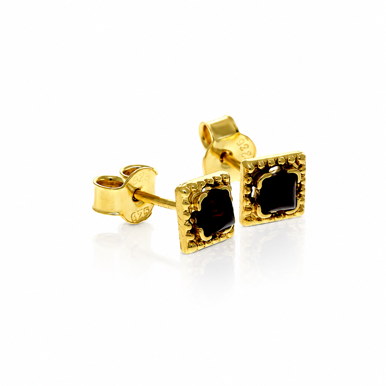 Gold Plated over 925 Sterling Silver & Genuine Baltic Amber Contemporary Square Small Studs Earrings - AEG24