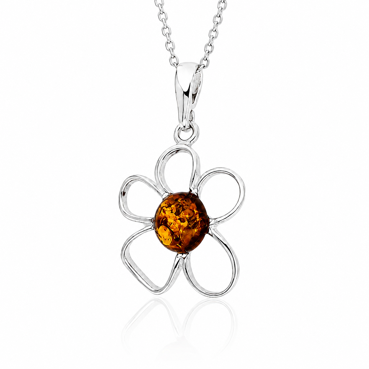 925 Sterling Silver & Genuine Baltic Amber Flower Exclusive Pendant - 766