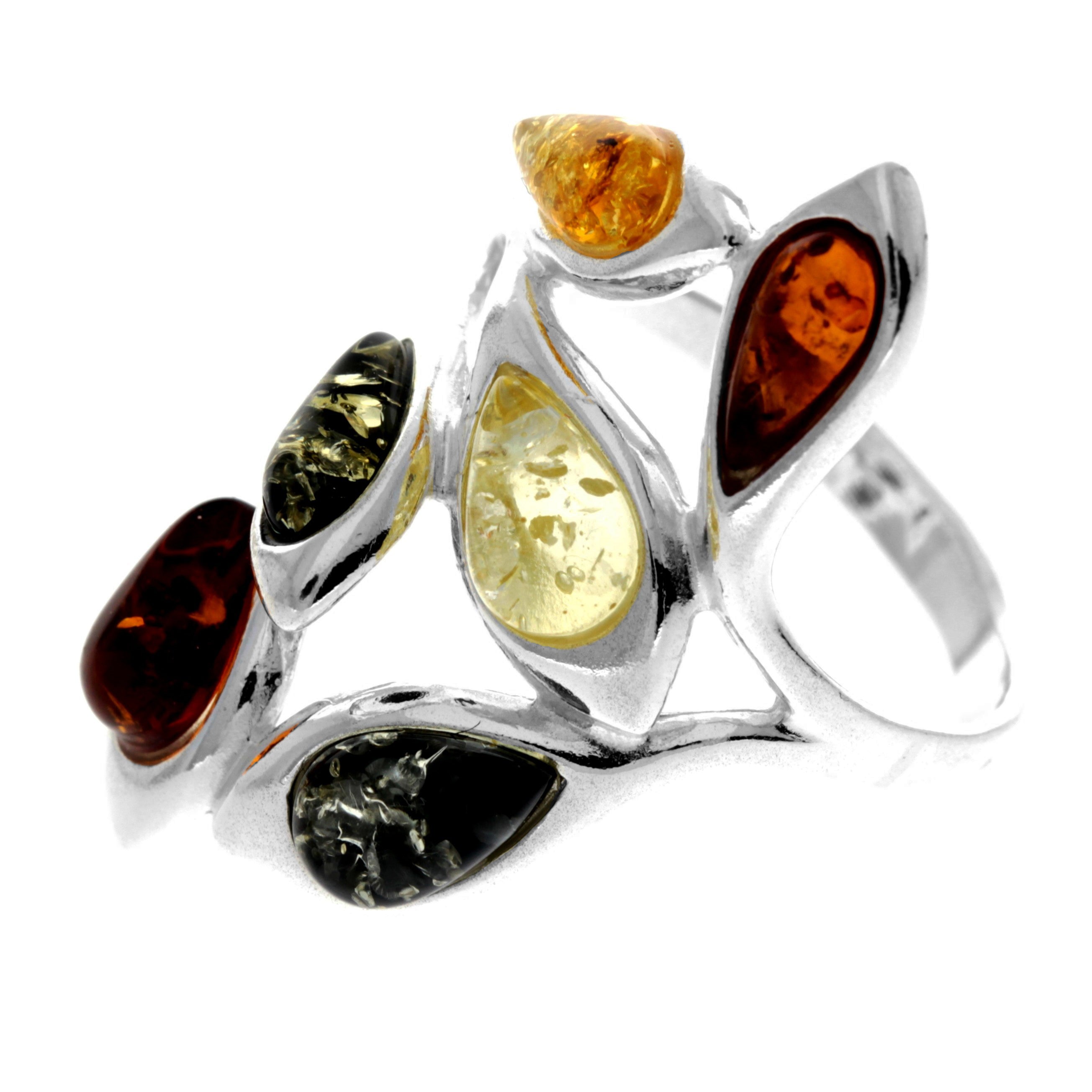 925 Sterling Silver & Baltic Amber Modern Multi-stone Ring - 7334