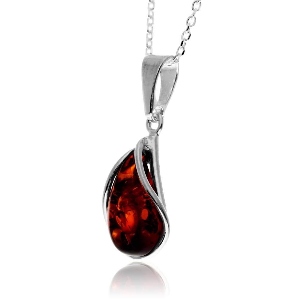 925 Sterling Silver & Genuine Baltic Amber Modern Teardrop Pendant - G235