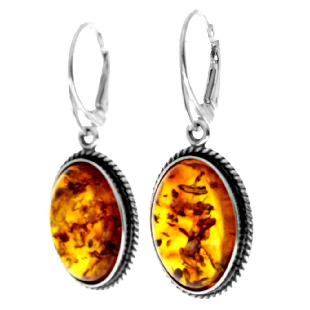 925 Sterling Silver & Genuine Baltic Amber Classic Drop Dangling Earrings - 5920