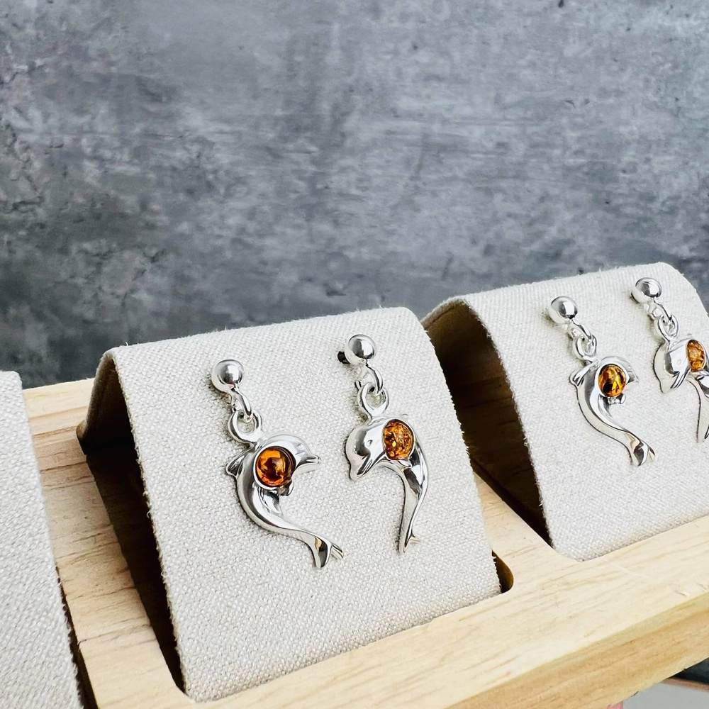 925 Sterling Silver & Genuine Baltic Amber Drop Dolphin Earrings - 5468